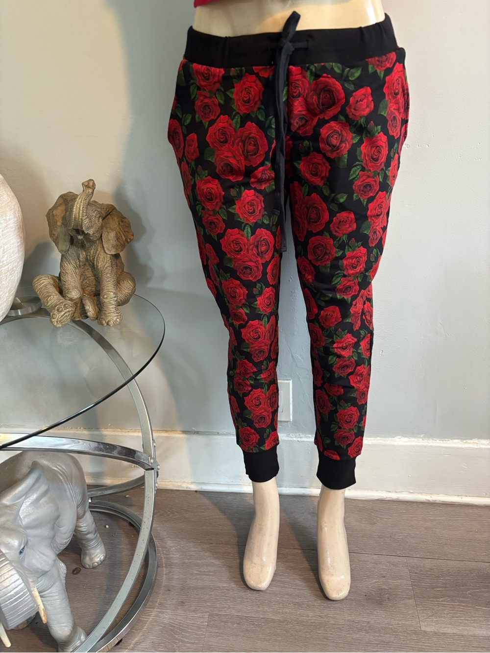 Black Joggers with Red Rose Print